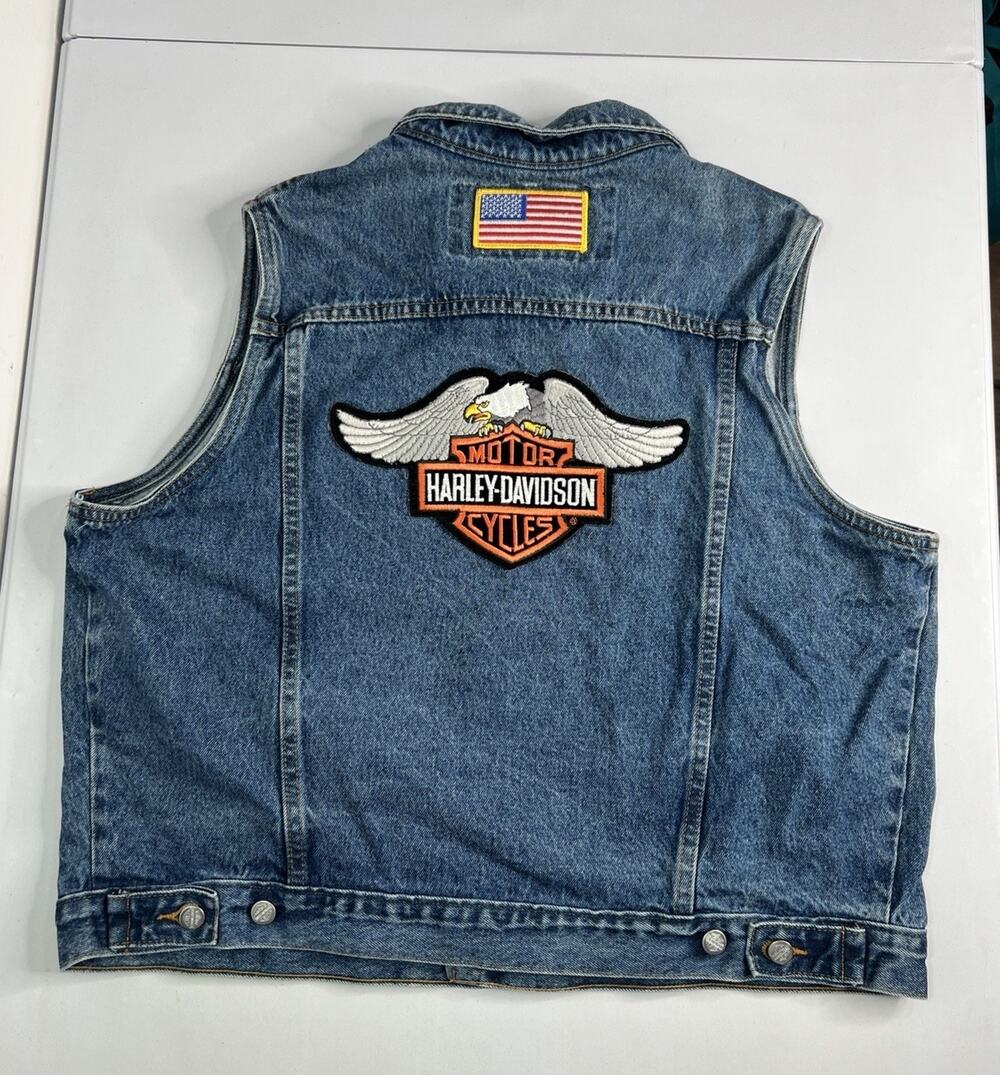VTG Harley Davidson Denim Blue Jean Eagle Flag Patch Motorcycle Biker Size XXL